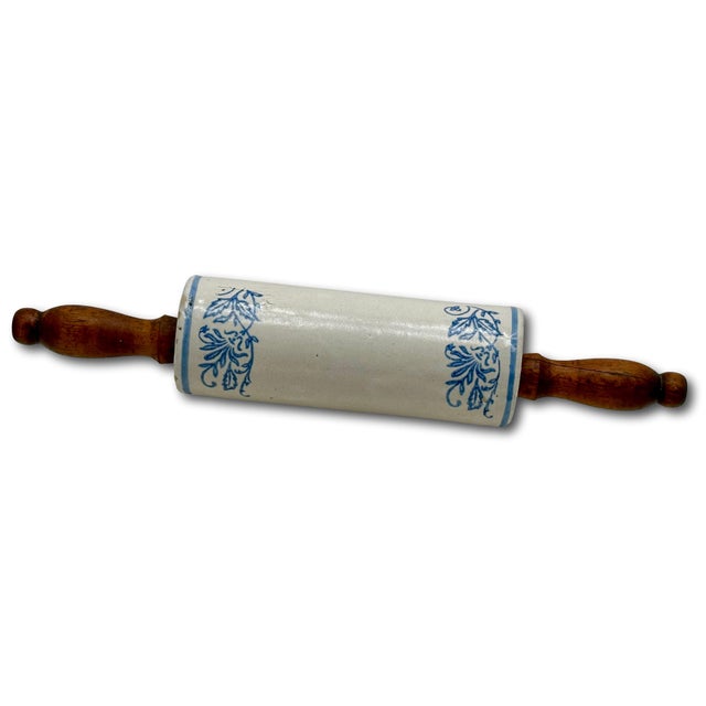 Unusual Antique American Wood Handle Stoneware Kitchen Rolling Pin With 4 Blue Wildflower Decorations For Sale - Image 10 of 16