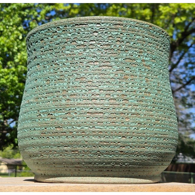 Late 20th Century Late 20th Century Ribbed Pottery Planter With Green Volcanic Lava Crater Glaze For Sale - Image 5 of 18