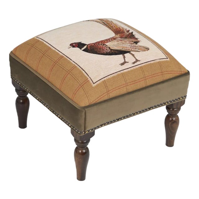 Fantail Pheasant Right Upholstered Stool With Velvet Sides For Sale