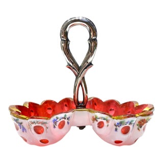 Antique Viennese Biedermeier Ruby Opaline Glass Bonbon Dish With Gilt Floral Enamel Decoration & Silver Handle, c.1830 For Sale