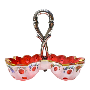 Antique Viennese Biedermeier Ruby Opaline Glass Bonbon Dish With Gilt Floral Enamel Decoration & Silver Handle, c.1830