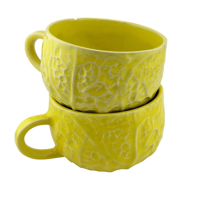 Ceramic 2 Vintage Portuguese Lettuceware Cups – Yellow Majolica Cabbageware, Portugal For Sale - Image 7 of 7