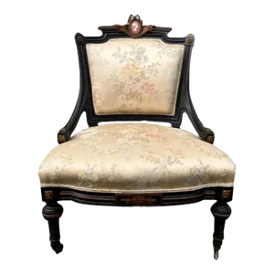 19th Century Antique Victorian Shell-Inlaid Ebonized Slipper Chair