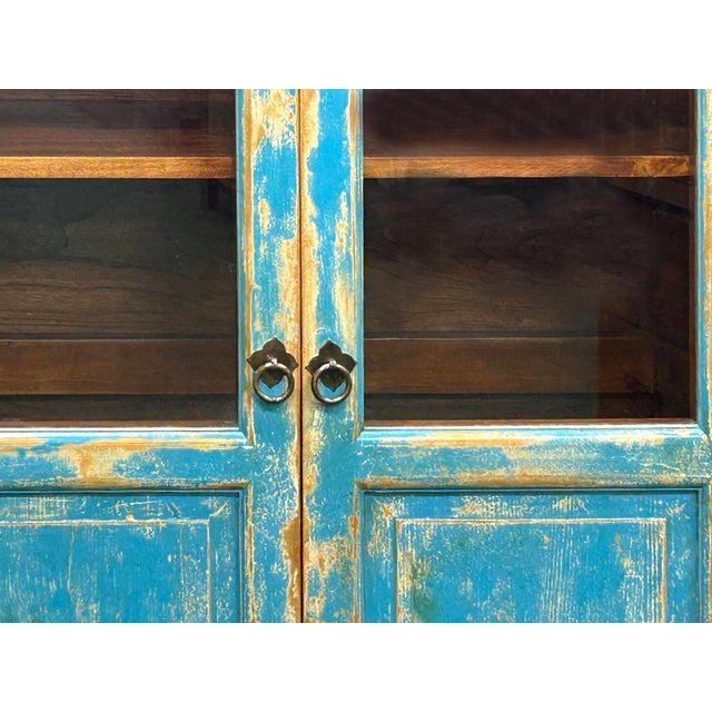 Shabby Chic Turquoise Blue Half-Glass Doors Medium Size Cabinet For Sale - Image 12 of 15