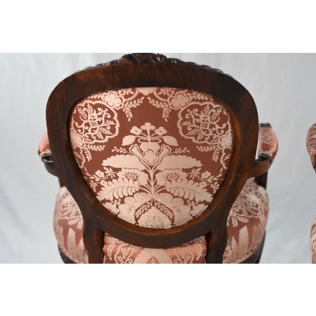 New Scalamandre Damask on 1920s Louis XV-style Bergere Accent Chairs, Reupholstered Pair French Provincial Armchairs For Sale - Image 9 of 9