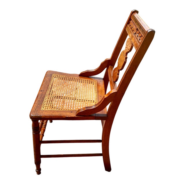 Antique Eastlake Victorian Walnut Dining Side Hall Accent Chair W Cane Seat For Sale - Image 4 of 16