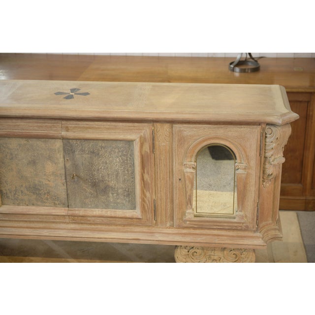 Large 4-Door Sideboard in Cerused Oak, Reverse-Painted Mirror and Leather, 1950s For Sale - Image 11 of 16