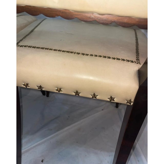 Linen 1930s Vintage Early American High-Back Mahogany Chairs With Star Nail Heads- a Pair For Sale - Image 8 of 9