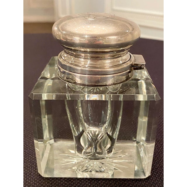 Early 20th Century Vintage Cartier Silver and Cut Crystal Monogrammed Inkwell For Sale - Image 5 of 12