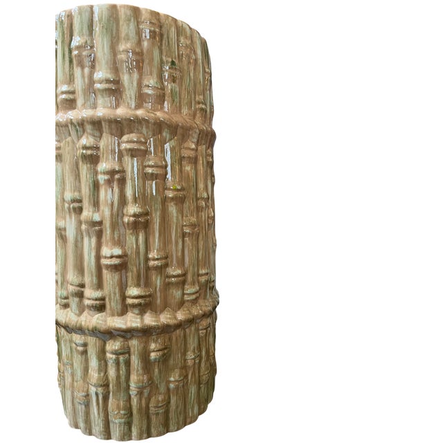 Tan Mid 20th Century Hollywood Regency Majolica Faux Bamboo Umbrella Stand or Floor Vase, Palm Beach Style, 18" For Sale - Image 8 of 9