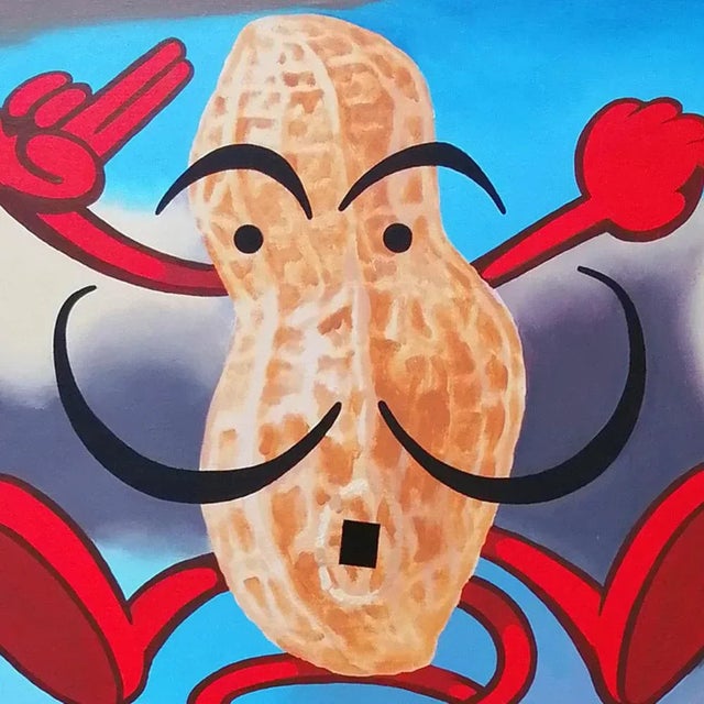 Technical : acrylic painting on canvas. Dimensions: 100 x 100 cm. A leaping, grotesque figure occupies the space. Around...