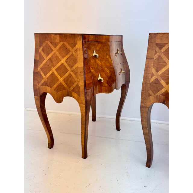Pair of Italian Bombe Commodini W Geometric Marquetry and Brass Hardware, 1950s For Sale - Image 12 of 16