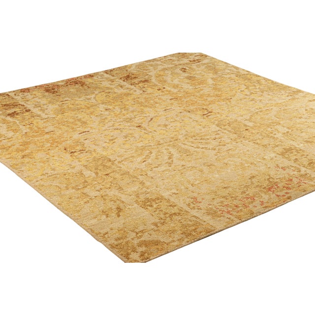 Rug & Kilim Rug & Kilim’s Distressed European Square Rug in Beige-Brown & Gold Florals For Sale - Image 4 of 7