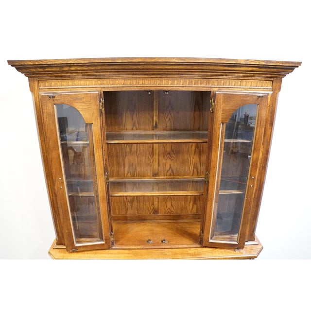 Late 20th Century High End Vintage Solid Oak Rustic European 62" Buffet W. Lighted Display China Cabinet 7080-67 / 7080-68 For Sale - Image 5 of 14
