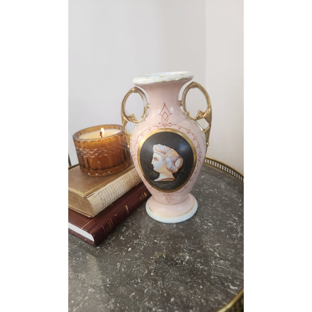 Antique Bohemian Pink Portrait Porcelain Vase With Gilt Handles, Circa 1900 For Sale - Image 11 of 17