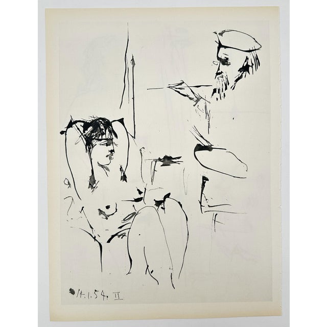 Vintage Pablo Picasso 'Artist and Model' Offset Print. "14.1.54.I" presents a figurative scene exploring the relationship...