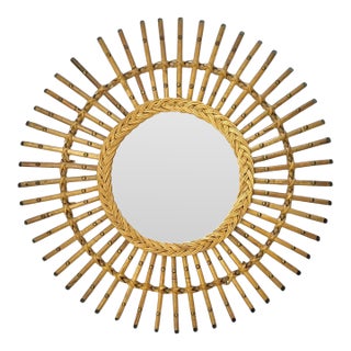 Vintage Italian Rattan Bamboo Sunburst Mirror With Brass Accents For Sale