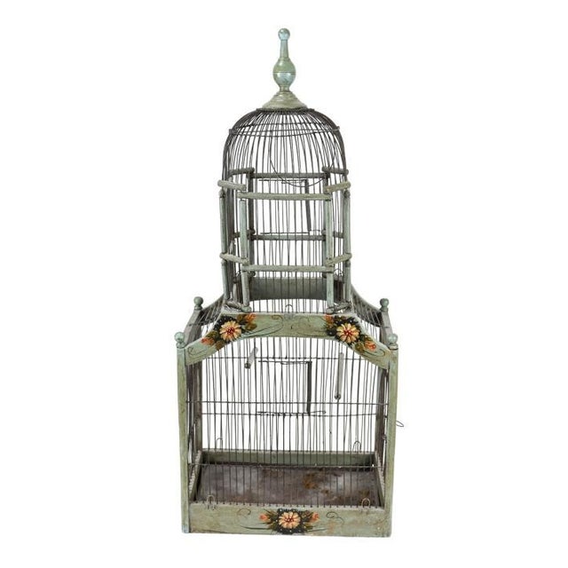 Victorian Antique Hand Painted Celadon Green Victorian Dome Birdcage For Sale - Image 3 of 10