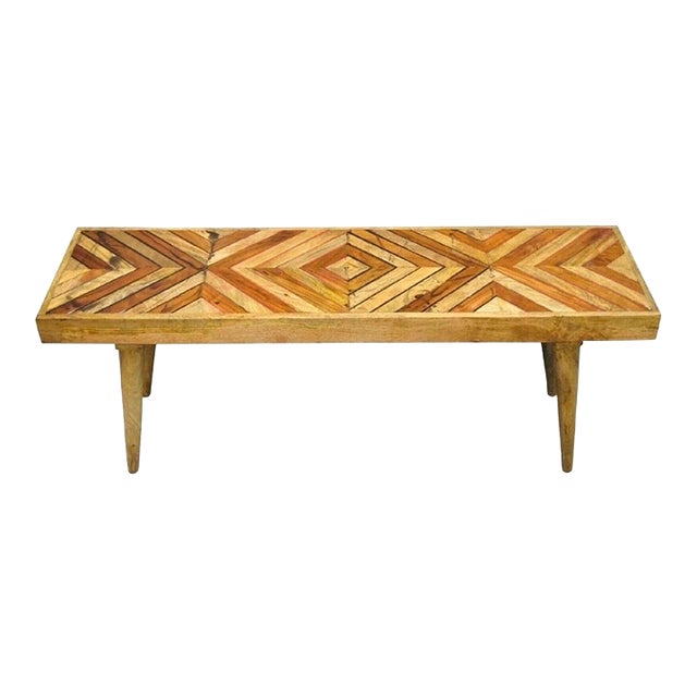 Modern Slatted Wood 48" Geometric Inlay Rustic Farmhouse Coffee Table Bench For Sale