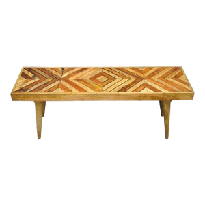 Modern Slatted Wood 48" Geometric Inlay Rustic Farmhouse Coffee Table Bench