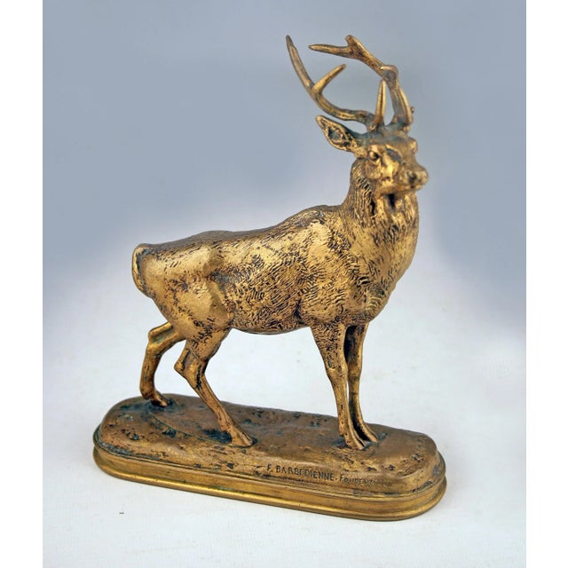 Patinated bronze sculpture 'Listening Stag' by romantic author and sculptor Antoine-Louis Barye and produced by F....