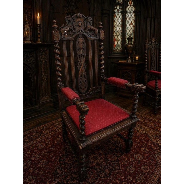 19th Century Victorian Jacobean Revival Carved Oak Dining Chairs, 1890s, Set of 6 For Sale - Image 5 of 18