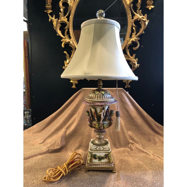 Vintage Italian Porcelain Figural Hand Painted Gilt Table Lamp With Shade For Sale - Image 13 of 13