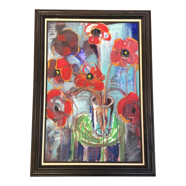 Contemporary Original Abstract Expressionism Red Poppies Still Life Painting For Sale