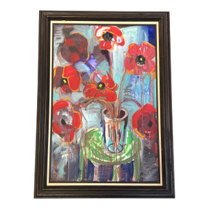 Contemporary Original Abstract Expressionism Red Poppies Still Life Painting