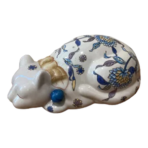 Vintage Japanese Big Enameled Porcelain Crouching Sleeping Cat Sculpture Number Base