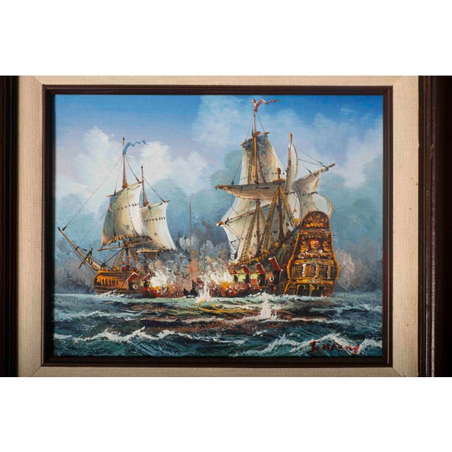 A dramatic original oil on canvas signed J. Harvey, depicting historic sailing warships engaged in battle on a churning...