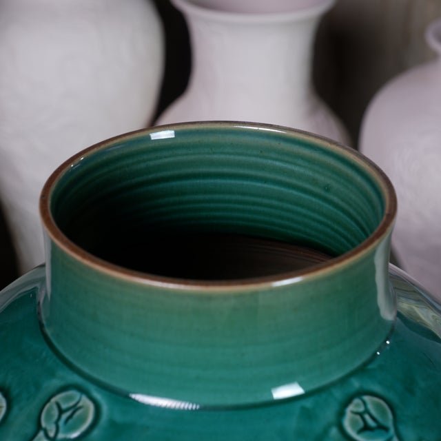 Modern Hand-Carved Chrysanthemum Vase in Emerald Glaze by Pottery 12, Hanoi Studio Art Ceramic For Sale - Image 3 of 5