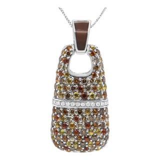 .925 Sterling Silver Brown Enamel 1 Cttw White and Brown Diamonds and 1.5mm Yellow and Orange Sapphire Gemstones Statement 18" Pendant Necklace For Sale