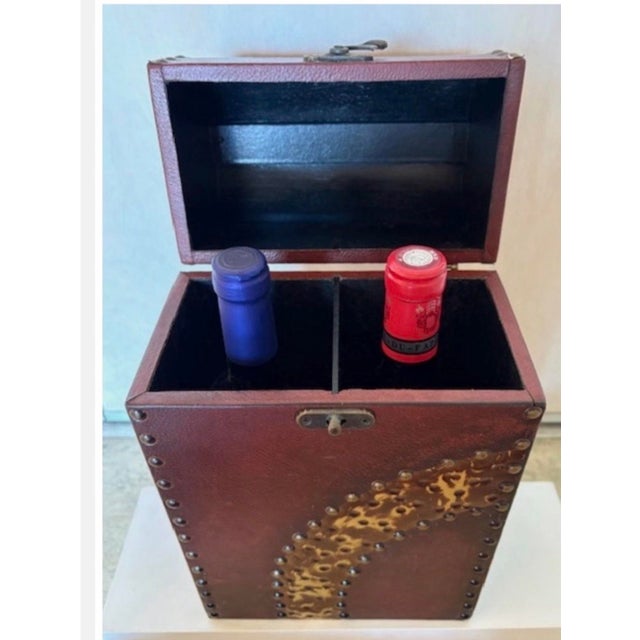 Animal Skin Wine Bottle Case, for Two. Faux Leather. Wood Studded Wine Box Tote. One Case For Sale - Image 7 of 8