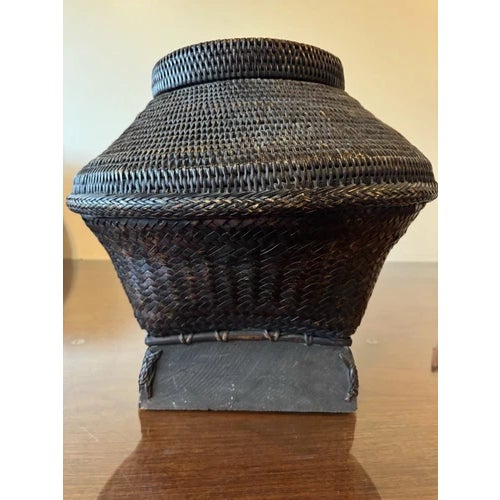 1970s Vintage 17.5" Philippines Ifugao Rattan Woven Lidded Basket on Stand For Sale - Image 5 of 12