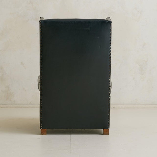 Vintage French Black Leather High-Back Club Chair with Wooden Legs - 2 Available For Sale - Image 12 of 18