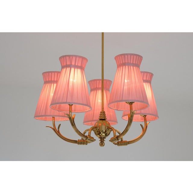 Gold Vintage Swedish Five-Arm Brass Chandelier with Pink Shades, 1940s For Sale - Image 8 of 13