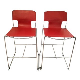 Mid-Century Red Leather & Chrome Bar Stools - A Pair For Sale