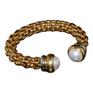 Vintage Fope Flex It Solid 18k Gold Pearl Open Cuff Bangle Bracelet For Sale