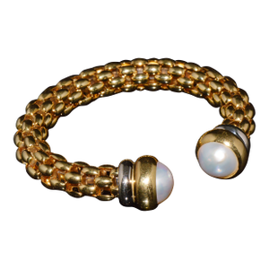 Vintage Fope Flex It Solid 18k Gold Pearl Open Cuff Bangle Bracelet