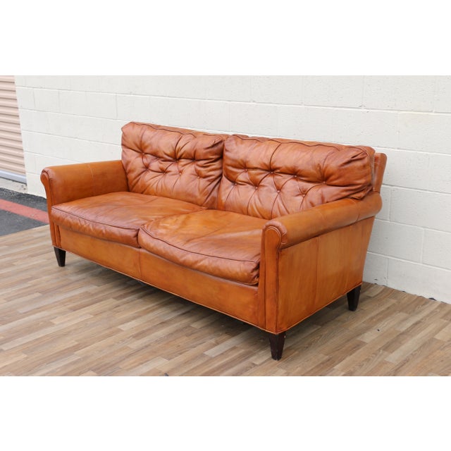 Vintage 1970s Honey Tan Leather Sofa | Tufted Feather Cushion Sofa, American Mid-Century Lounge Seating For Sale - Image 4 of 18