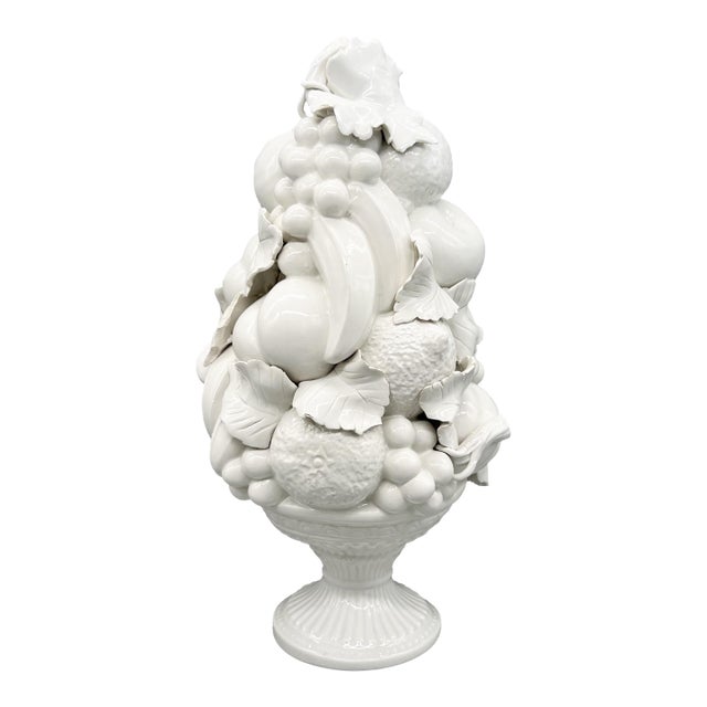 Vintage Blanc De Chine Italian White Glazed Ceramic Fruit Topiary on Pedestal – Mid-Century / Hollywood Regency / Italian Provincial For Sale