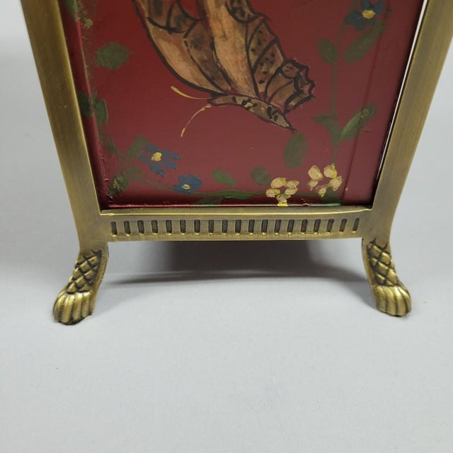 1980s Vintage Red Tole Butterfly Vase Cachepot in Brass Rams Head Stand For Sale - Image 5 of 6
