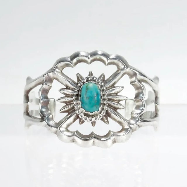Mid 20th Century Vintage Native American Navajo Silver & Turquoise Cuff Bracelet For Sale - Image 5 of 11