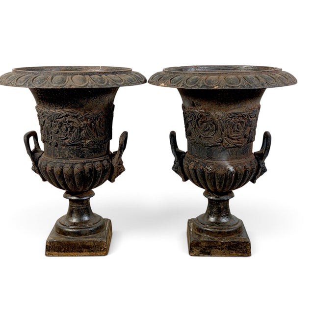 Metal Pair of Antique French Cast Iron Campana Garden Urns With Lion Mask Handles 24" For Sale - Image 7 of 10
