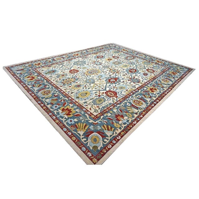 Islamic Afghan Sultanabad Wool 13x16 Ivory, Red & Light Blue Handmade Area Rug #1143763 For Sale - Image 3 of 12
