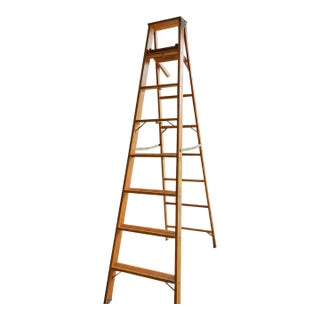 Vintage Wooden Painter’s Step Ladder With Folding Paint Shelf – Solid Wood – Rustic Farmhouse Decor For Sale