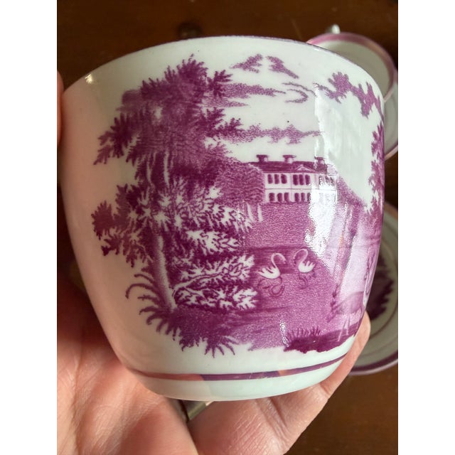 1805 Rare Antique Set of Four Pink Lustre and Bat Printed Pearlware Handled Cups and Saucers, Attributed to Thomas Wolfe - Set of 8 For Sale - Image 12 of 17