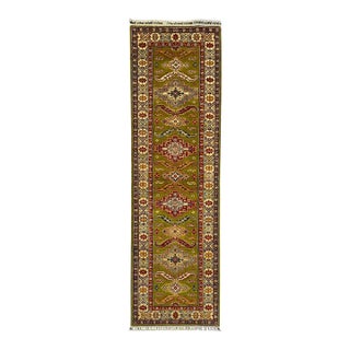 Olive Green, Red and Cream Kazak Wool Runner Rug, 2'11" X 9'9" For Sale