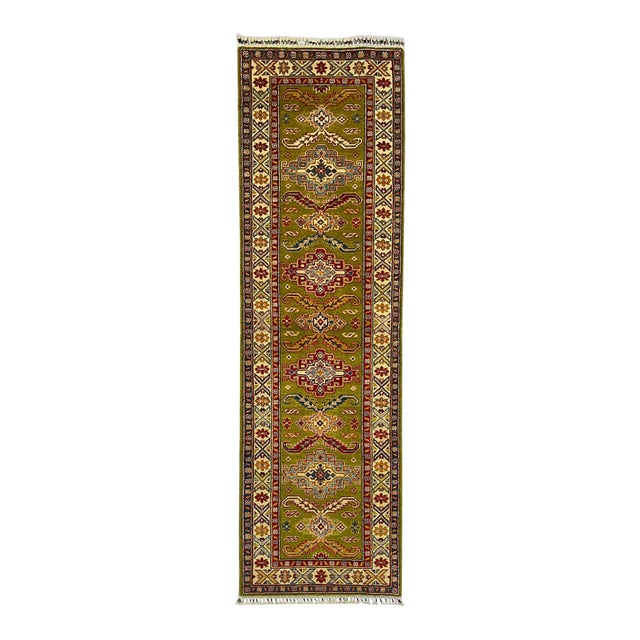 Olive Green, Red and Cream Kazak Wool Runner Rug, 2'11" X 9'9" For Sale